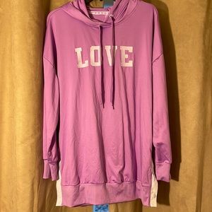 NWOT Purple and White Hoodie w/white snaps that open on sides “Love!”